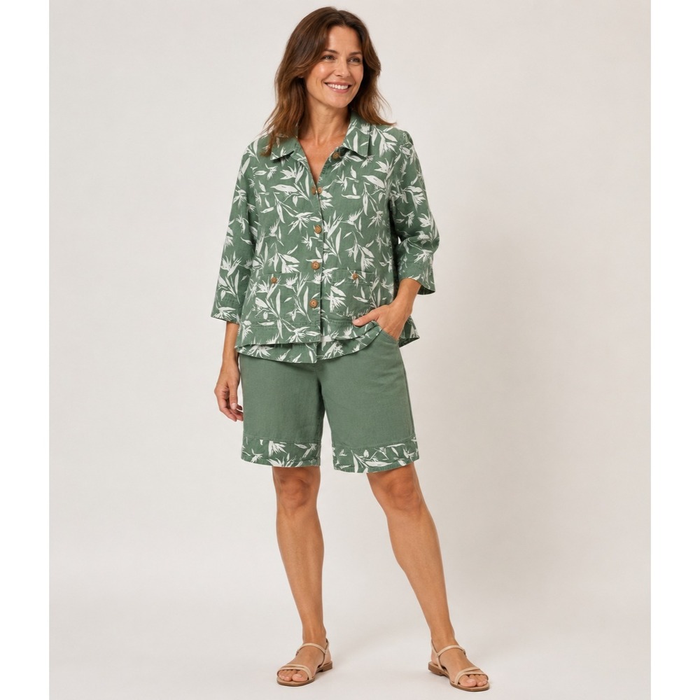 Vintage Orvis 2 PC Shirt Pants Set Womens 10P Green White Tropical Print‎ Garden